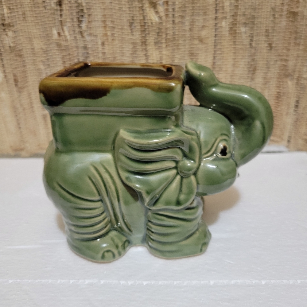 Vintage Small Green Trunk Up Elephant Planter Ceramic Glazed